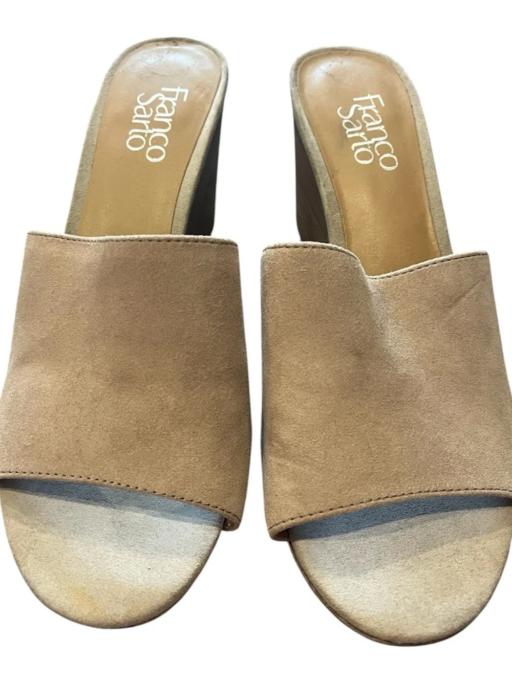 Franco Sarto Beige Suede Open-Toe Wedge Slides